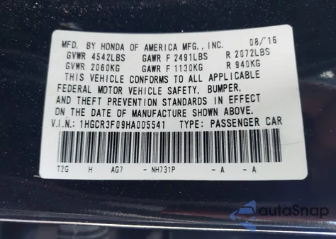 2017 Honda Accord Ex-L V6 from USA, damaged, VIN 1HGCR3F09HA005541
